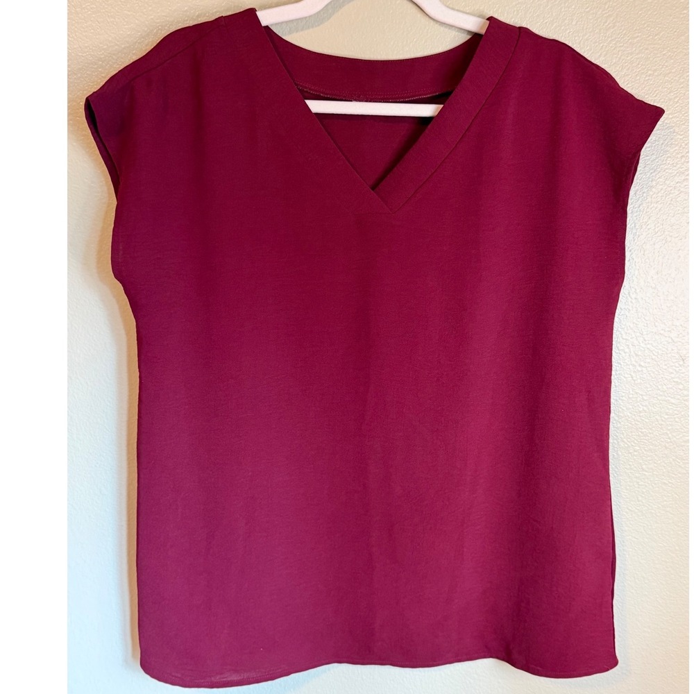 ANRABESS Women Top Cap Sleeve Dressy Casual V Neck Shirt Burgundy Size L